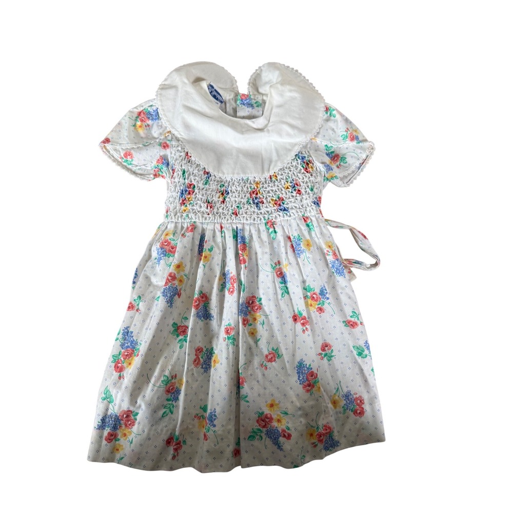 Vintage Polly Flinders smocked white collared floral print cottagecore dress